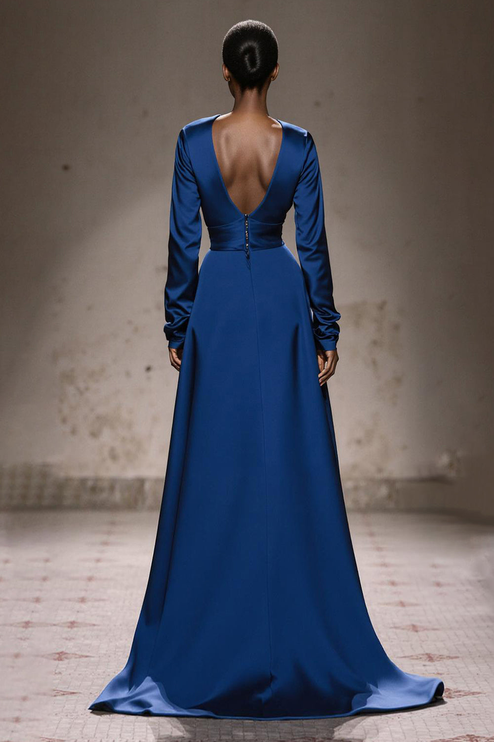 Royal Blue Satin Square Neck Long Formal Dress with Sleeves