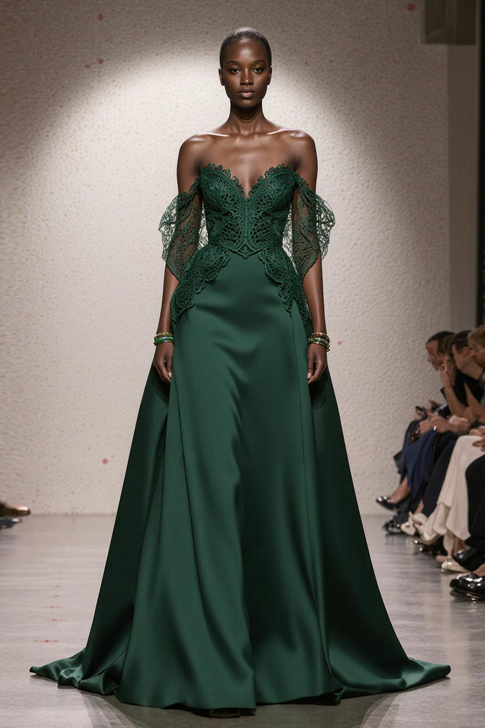 Dark Green Ball Gown Satin Off the Shoulder Long Formal Dress with Lace