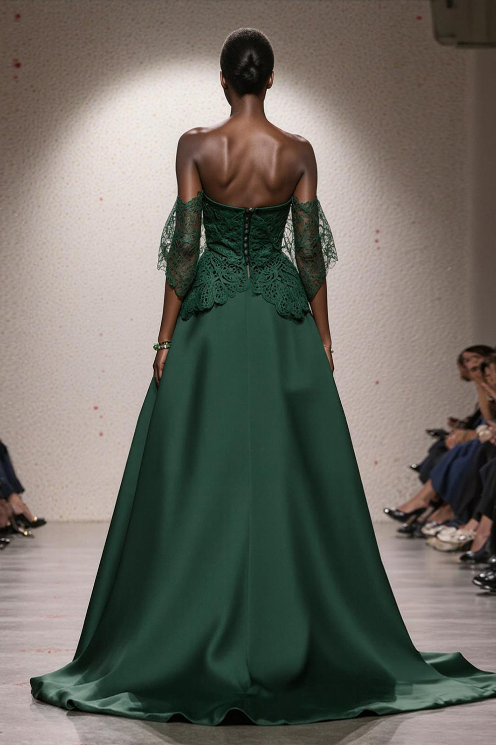 Dark Green Ball Gown Satin Off the Shoulder Long Formal Dress with Lace