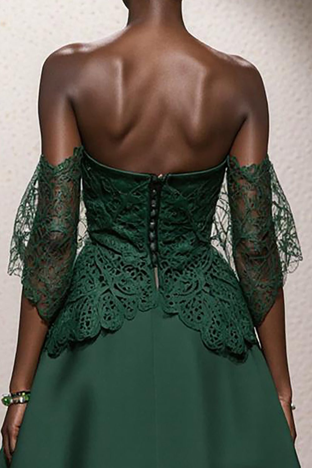 Dark Green Ball Gown Satin Off the Shoulder Long Formal Dress with Lace