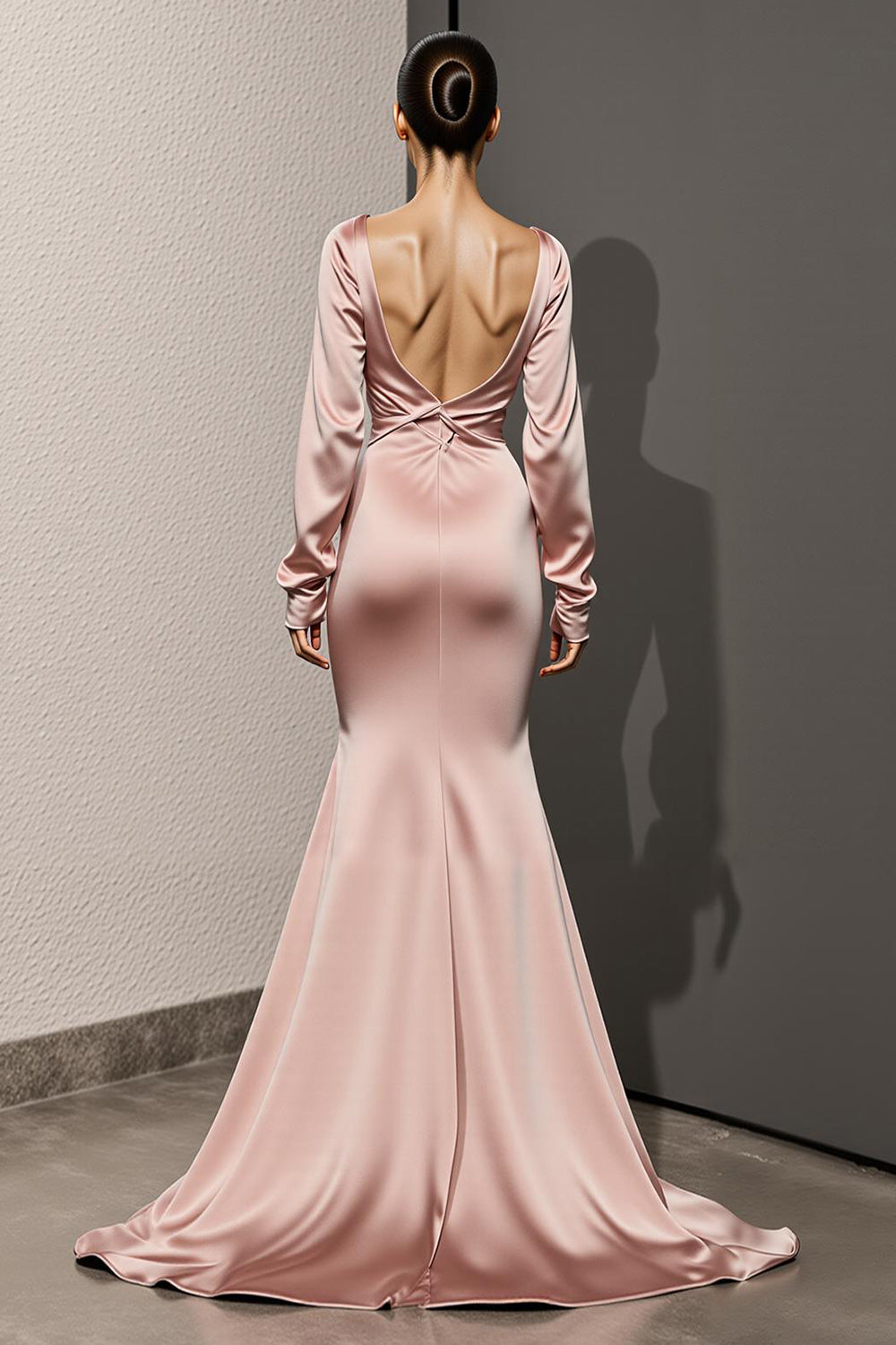 Light Pink Satin Backless Long Mermaid Formal Dress with Sleeves