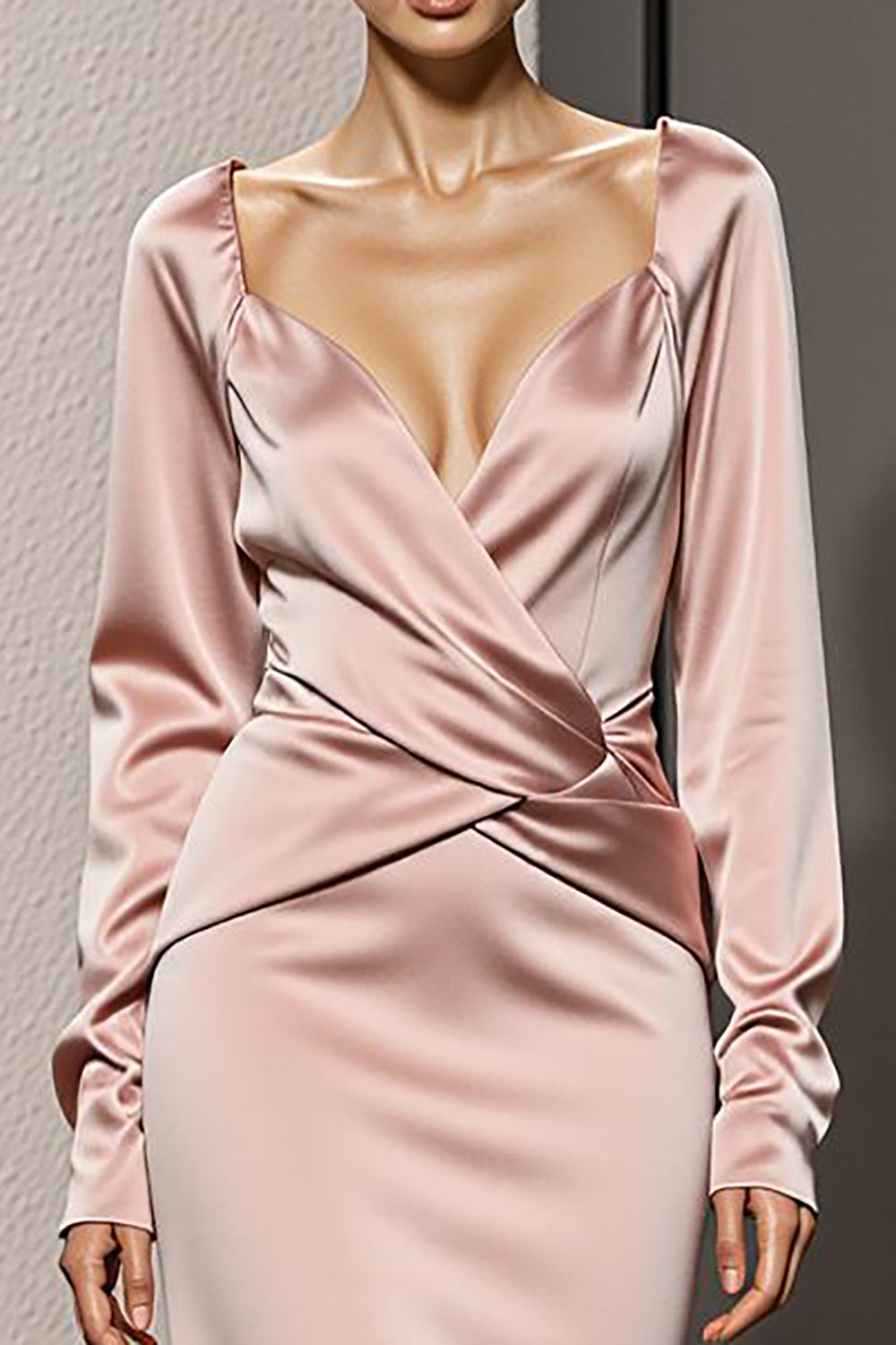 Light Pink Satin Backless Long Mermaid Formal Dress with Sleeves