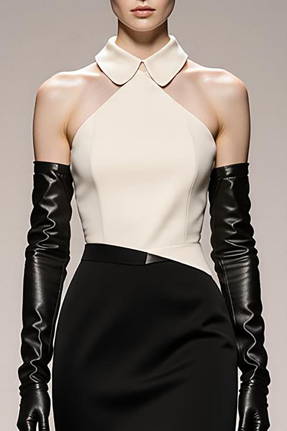 Black and White Halter Mermaid Patchwork Long Satin Formal Dress