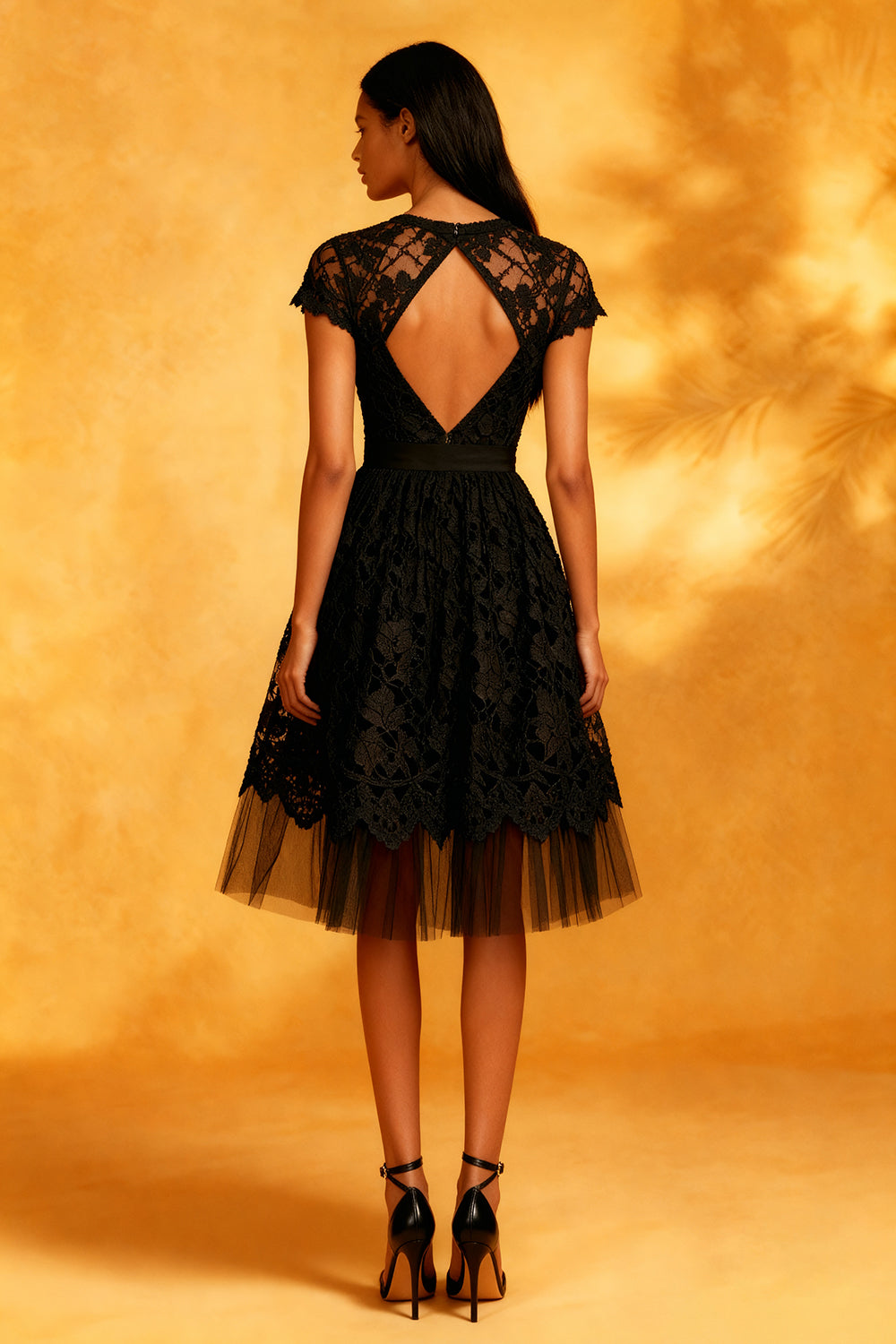 Black A-Line Lace Backless Mini Cocktail Dress with Sleeves