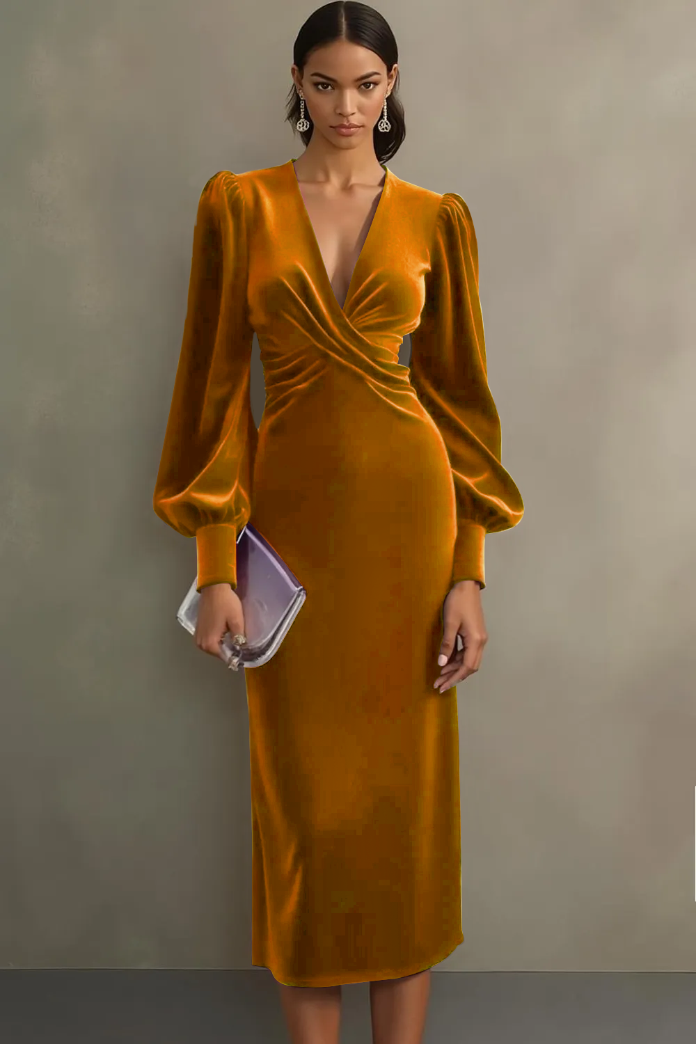 Cabernet Sheath V-Neck Midi Velvet Formal Dress