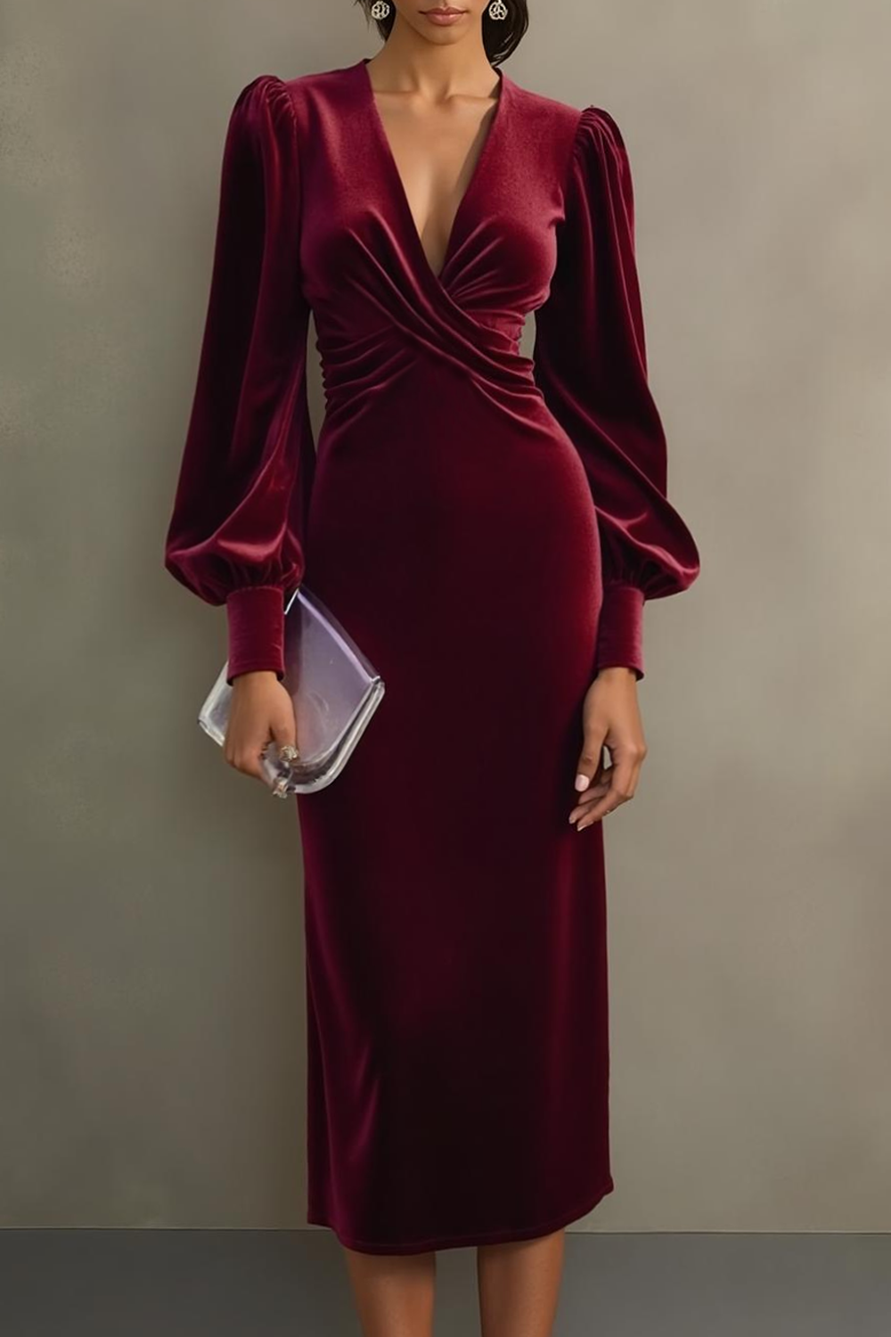 Cabernet Sheath V-Neck Midi Velvet Formal Dress