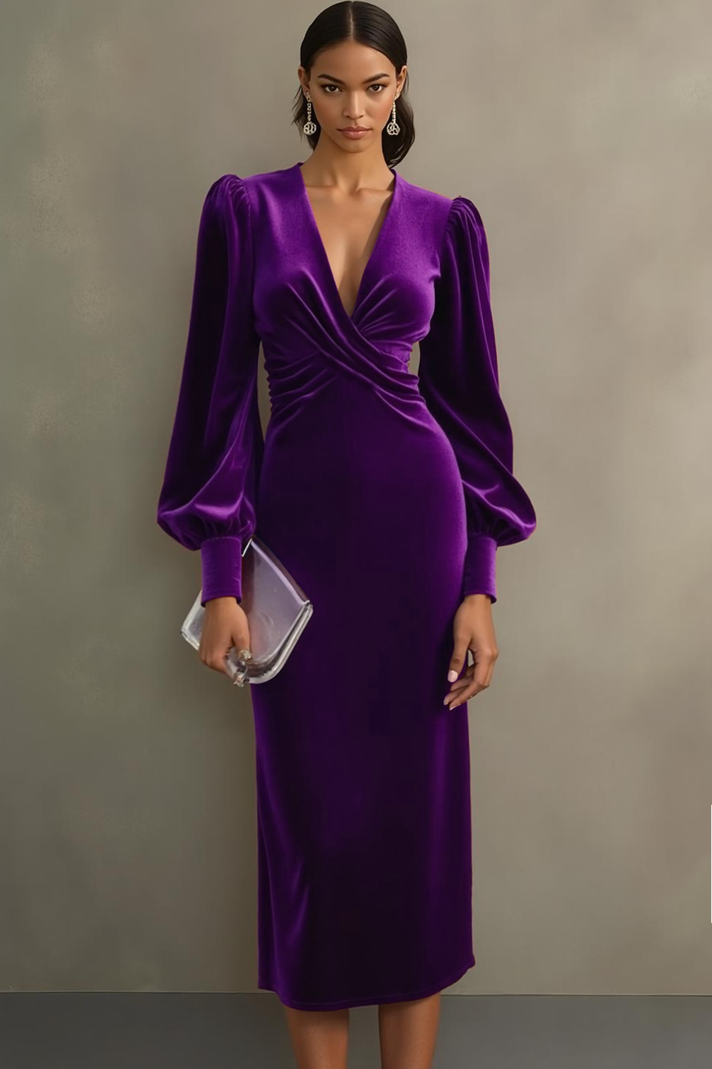 Cabernet Sheath V-Neck Midi Velvet Formal Dress