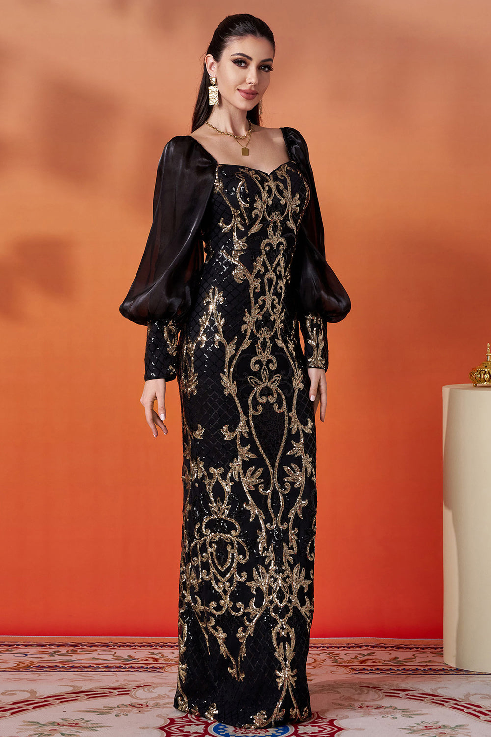 Sparkly Black Golden Mermaid Long Sleeves Formal Dress with Sequins