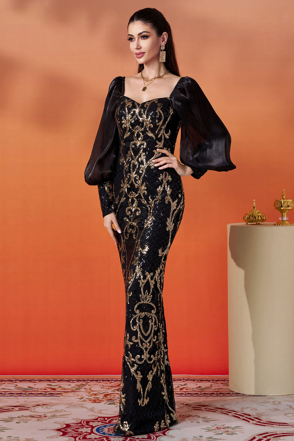 Sparkly Black Golden Mermaid Long Sleeves Formal Dress with Sequins
