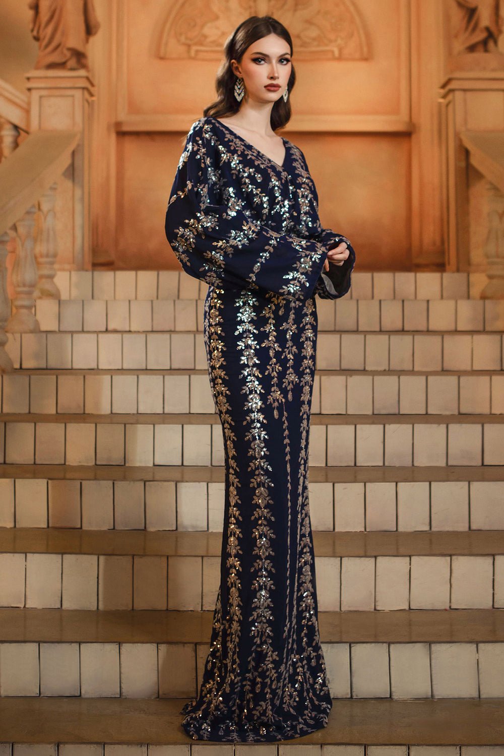 Sparkly Navy Mermaid V-Neck Sequins Long Formal Dress with Sleeves