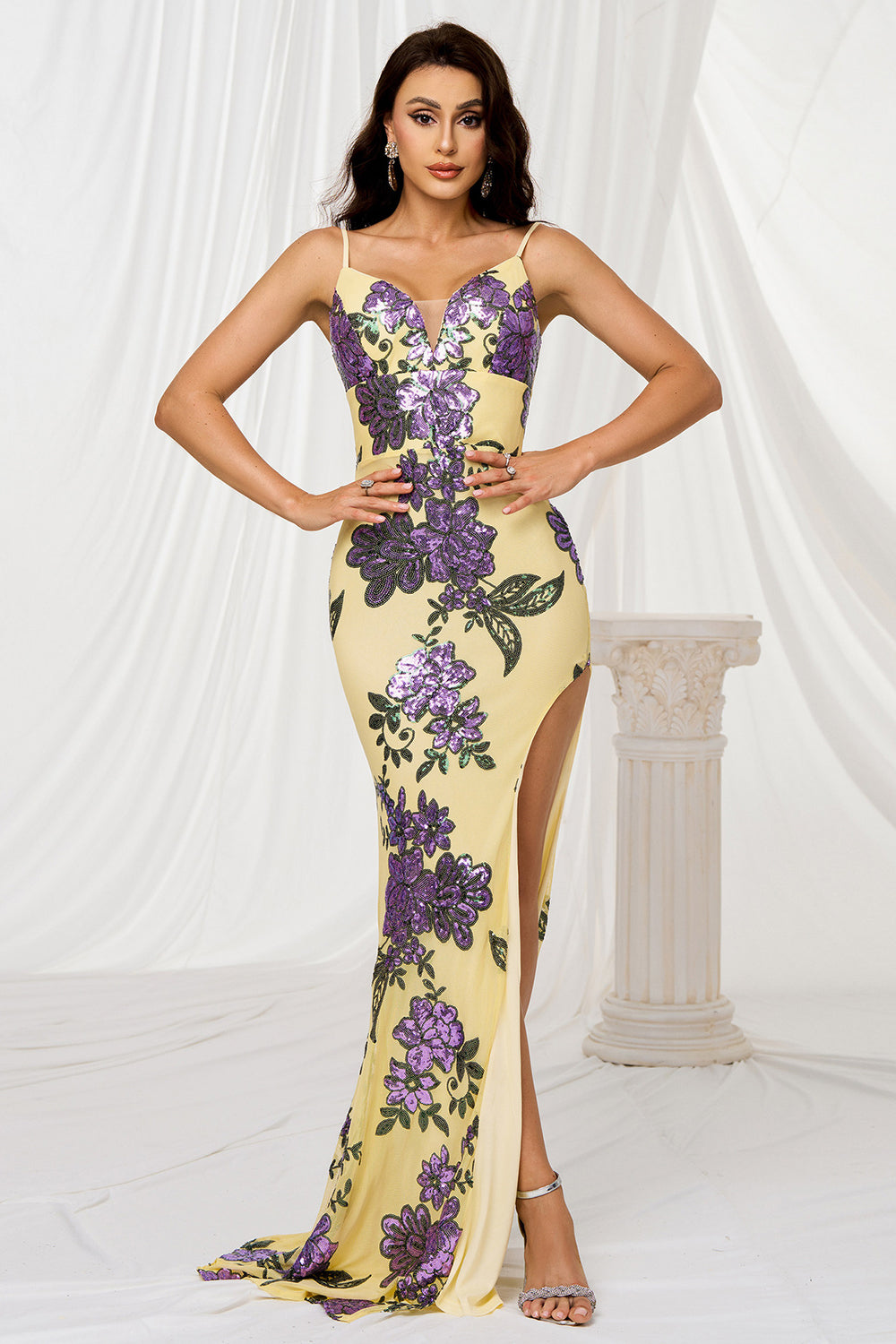 Sparkly Yellow Mermaid Long Floral Prom Dress with Slit
