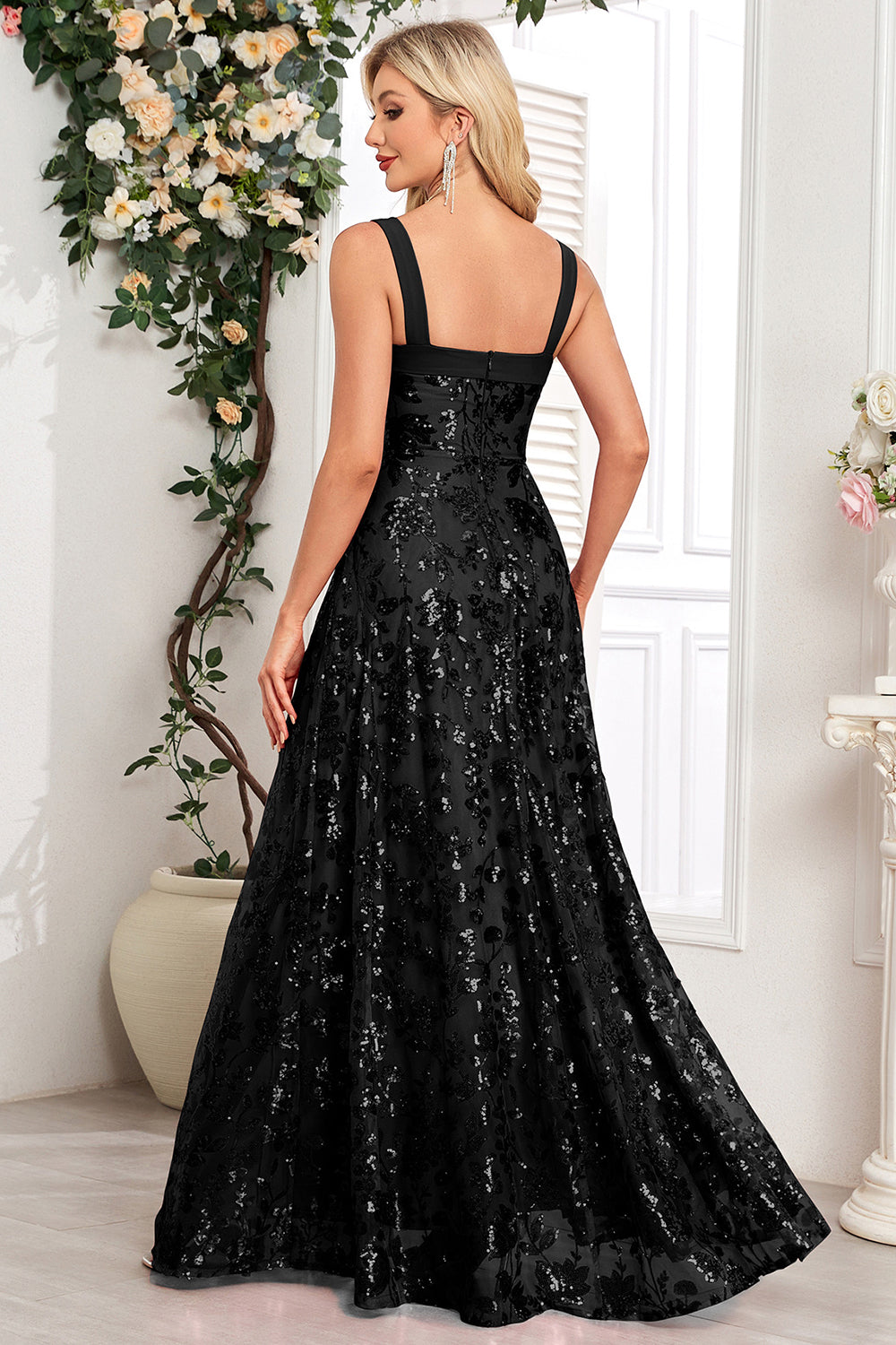 Sparkly Black A-Line Square Neck Long Sequin Formal Dress with Slit