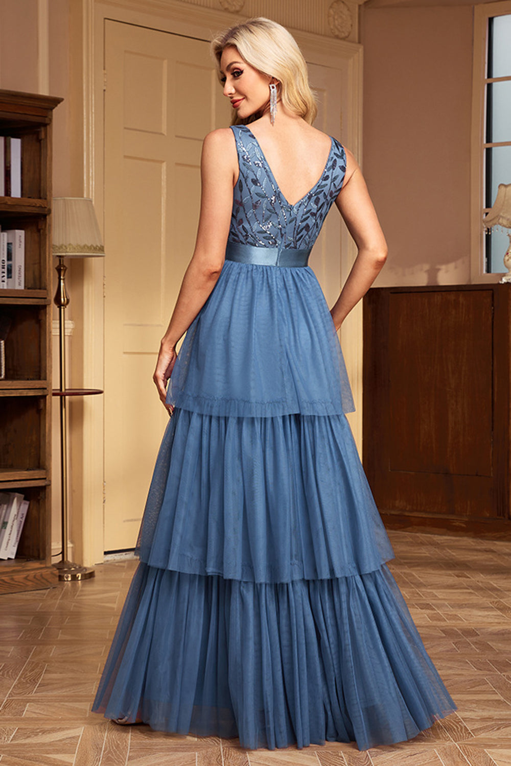 Floral Grey Blue A-Line V-Neck Tiered Long Formal Dress