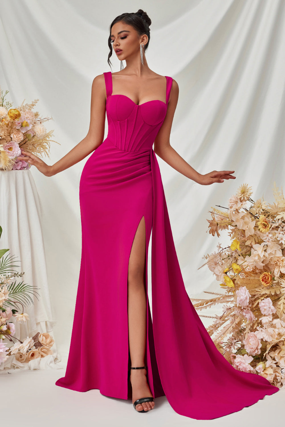 Classic Black Mermaid Long Mermaid Prom Dress with Side Cape