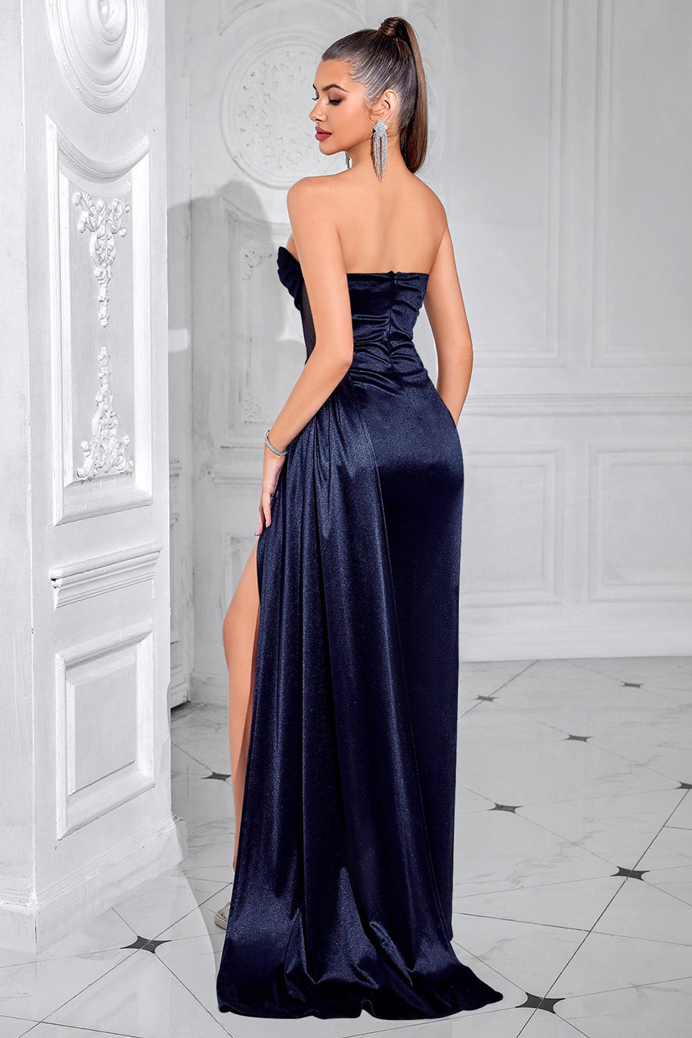 Elegant Navy Corset Strapless Long Mermaid Prom Dress with Slit