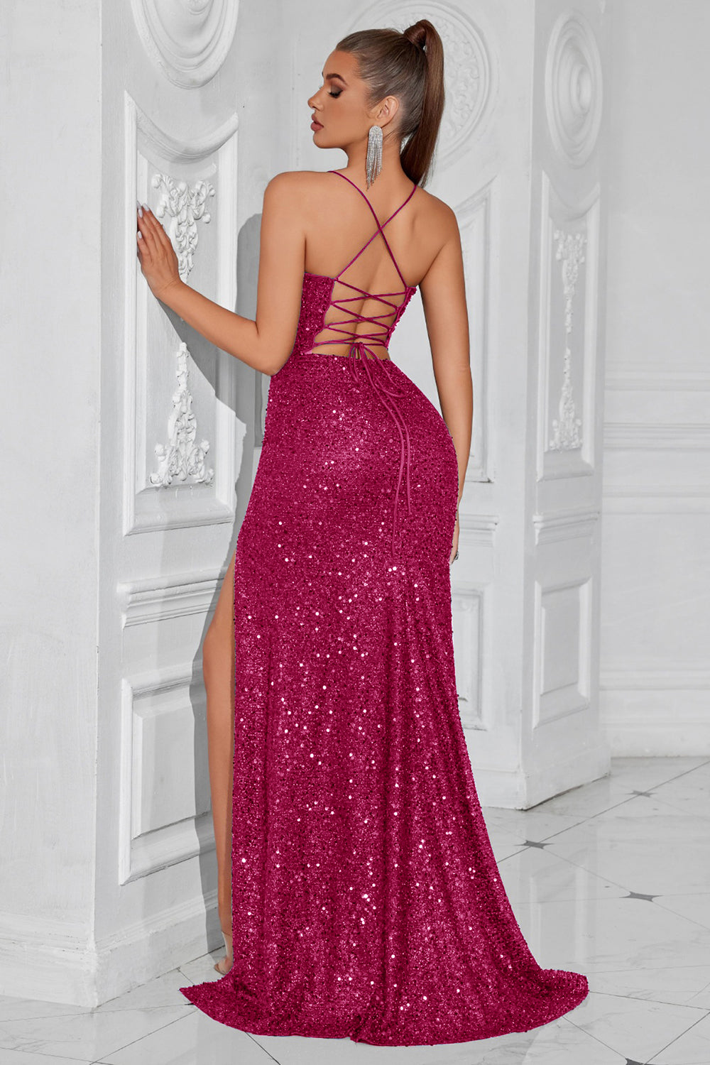 Sparkly Golden Sequin Spaghetti Straps Long Prom Dress with Slit