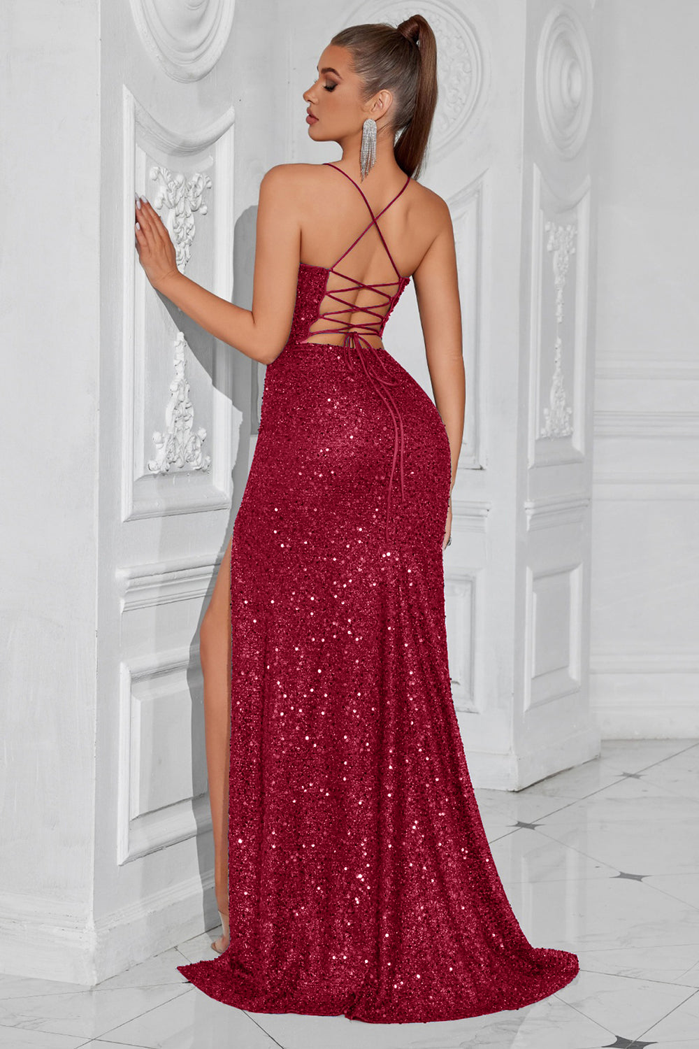 Sparkly Golden Sequin Spaghetti Straps Long Prom Dress with Slit