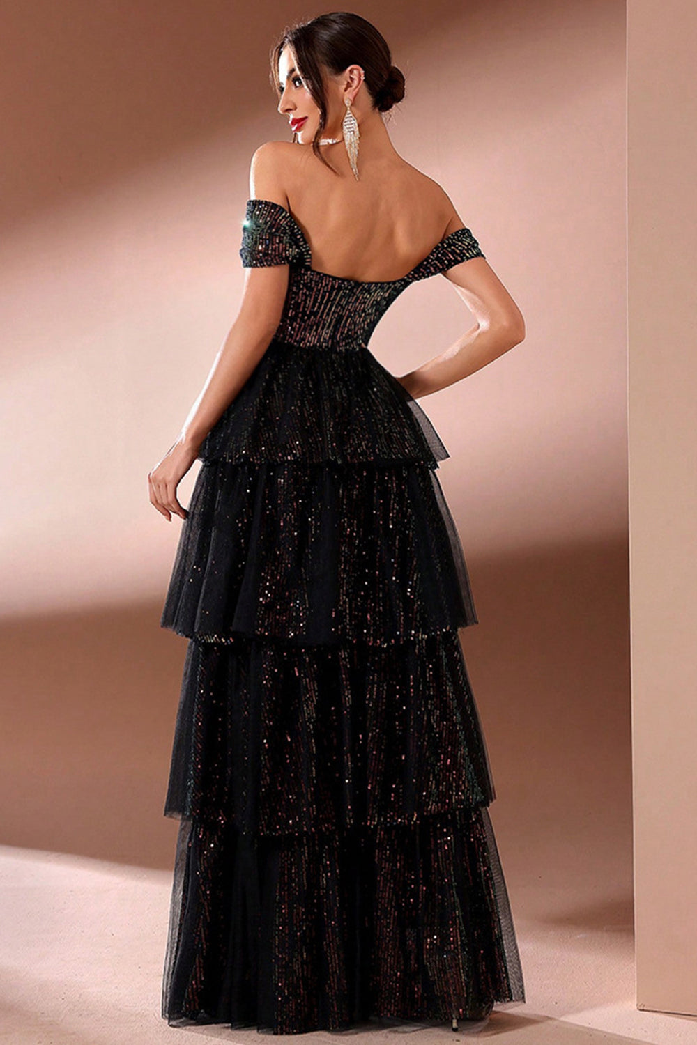 Sparkly Black Off The Shoulder A-Line Tiered Long Prom Dress with Slit
