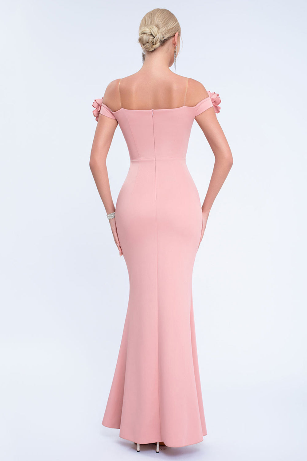 Simple Blush Mermaid Off The Shoulder Long Formal Dress with 3D Flowers