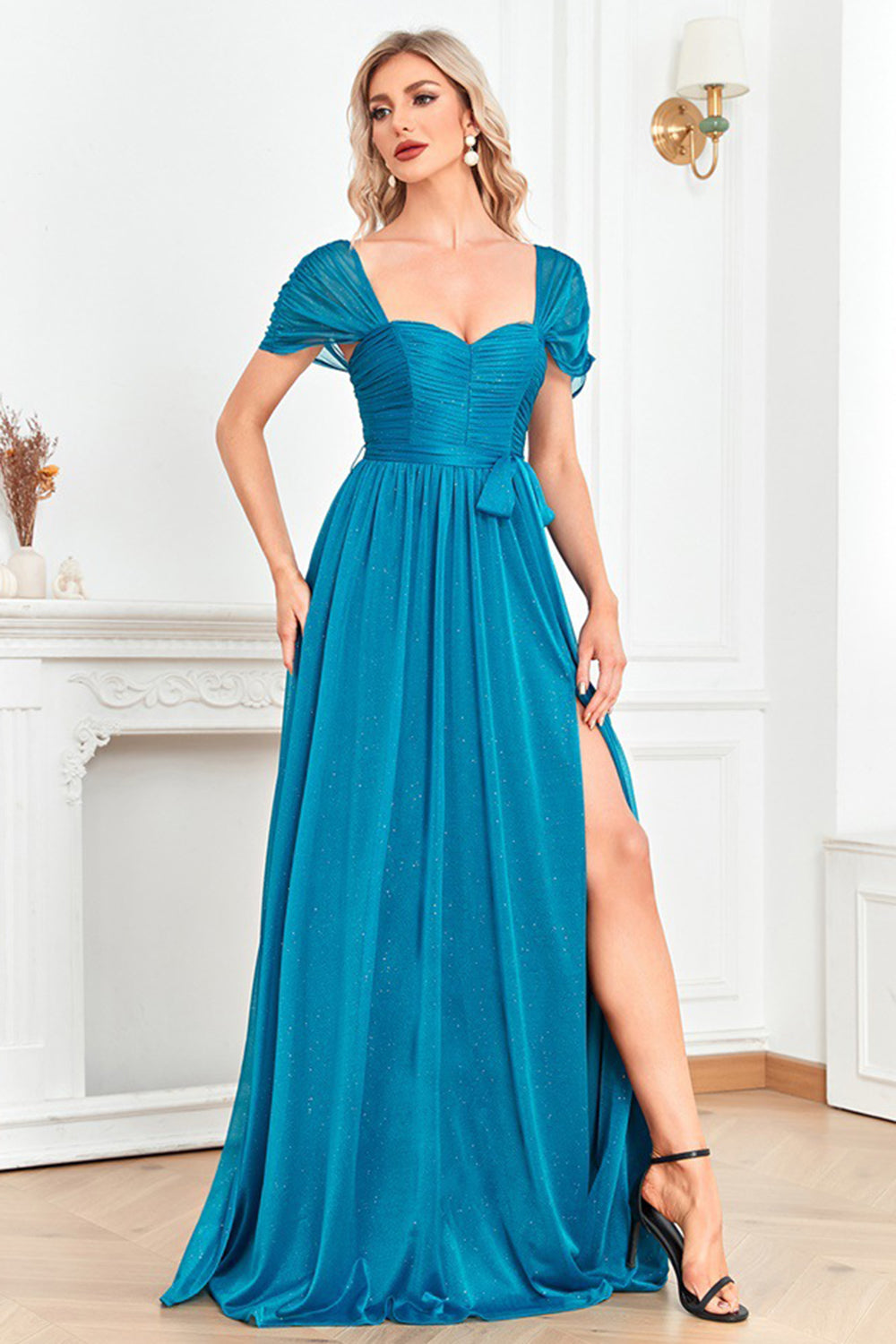 Blue A-Line Sweetheart Pleated Bow Long Prom Dress with Slit