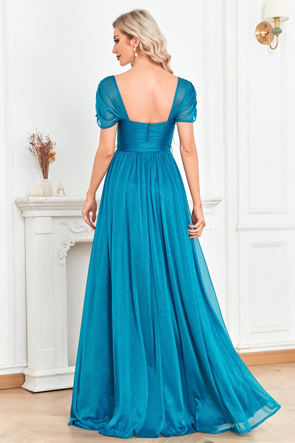 Blue A-Line Sweetheart Pleated Bow Long Prom Dress with Slit