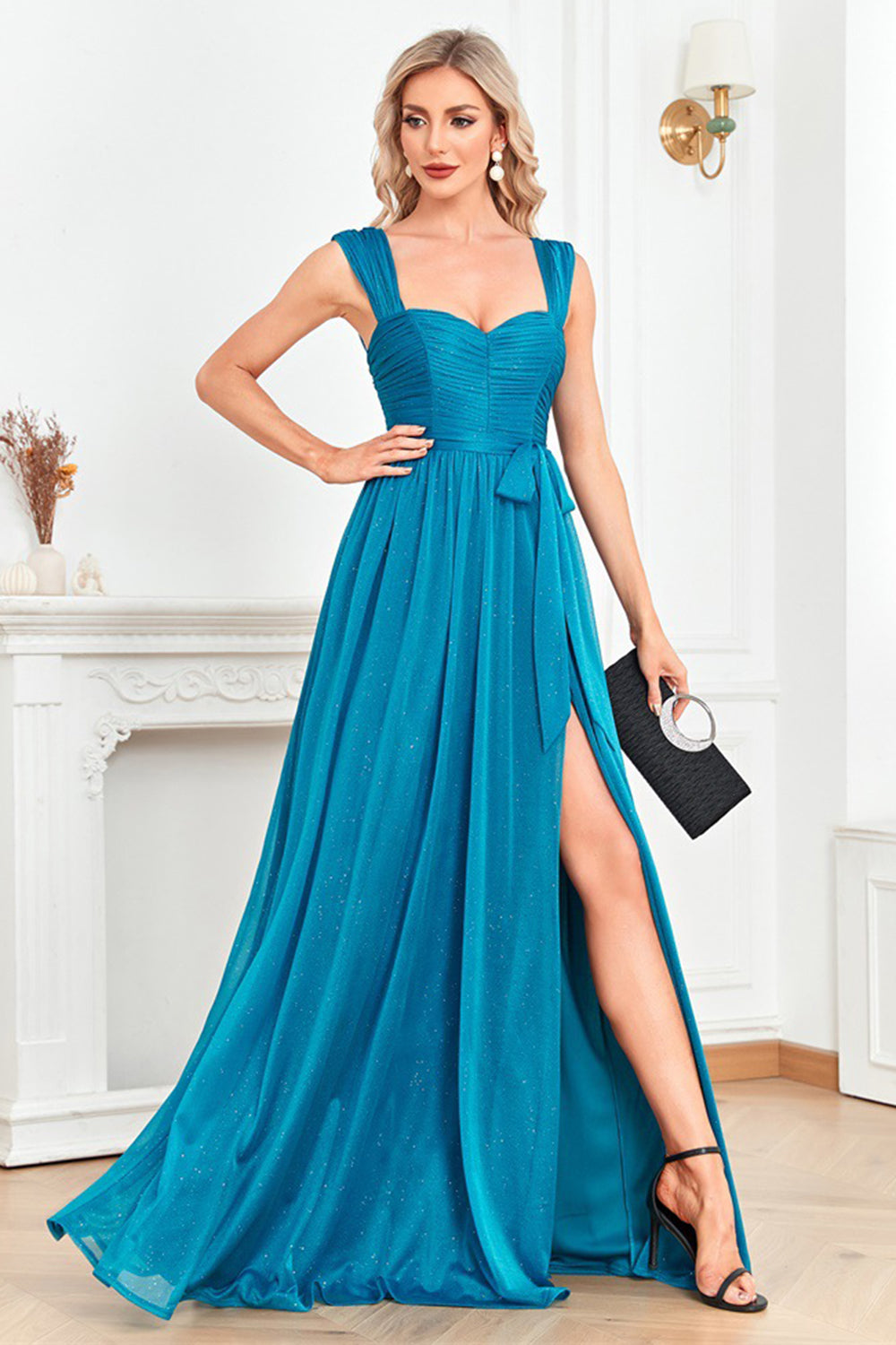 Blue A-Line Sweetheart Pleated Bow Long Prom Dress with Slit