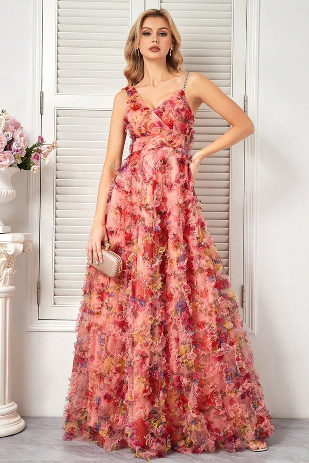 Blush A-Line Spaghetti Straps Long Floral Prom Dress with Ruffles