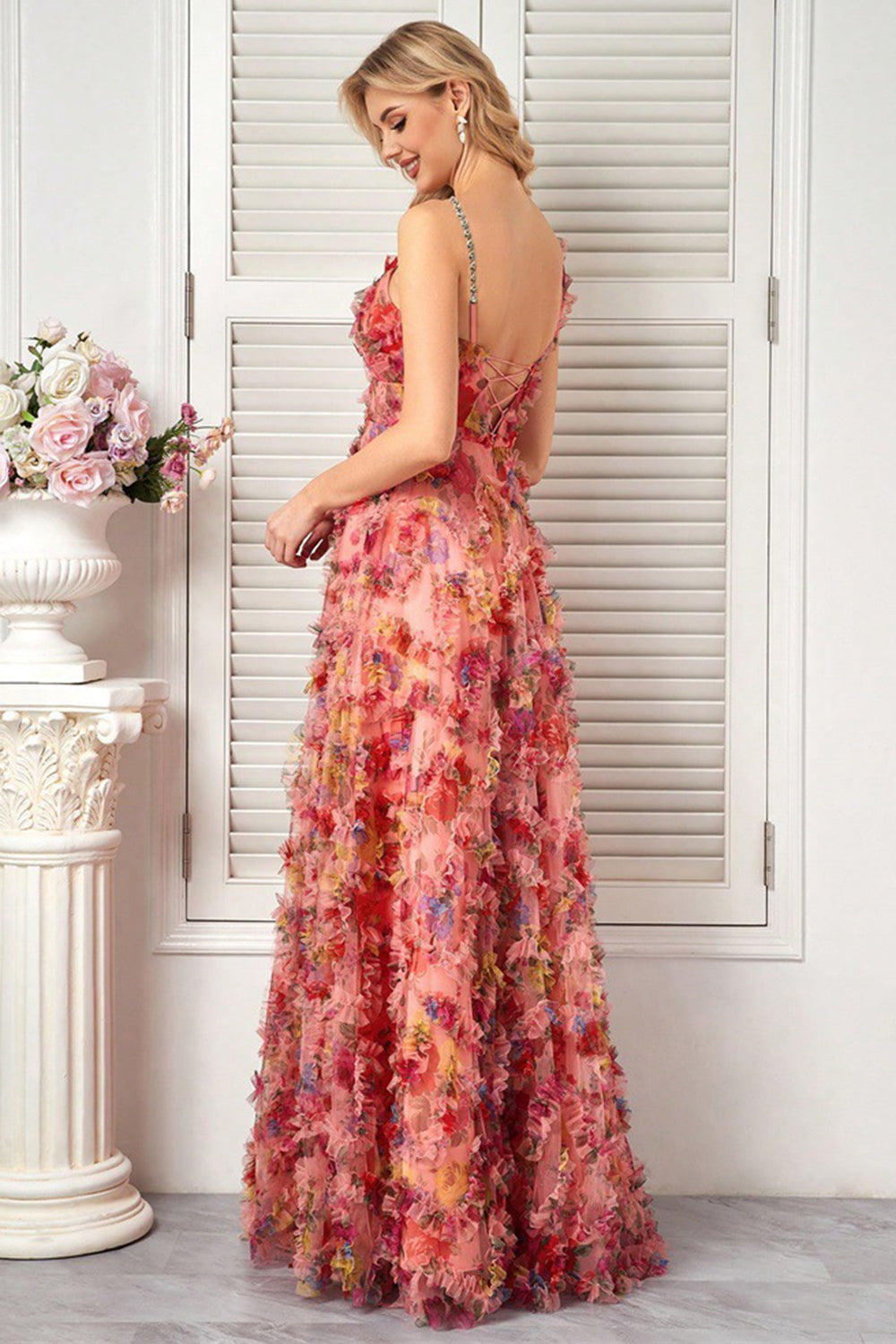 Blush A-Line Spaghetti Straps Long Floral Prom Dress with Ruffles