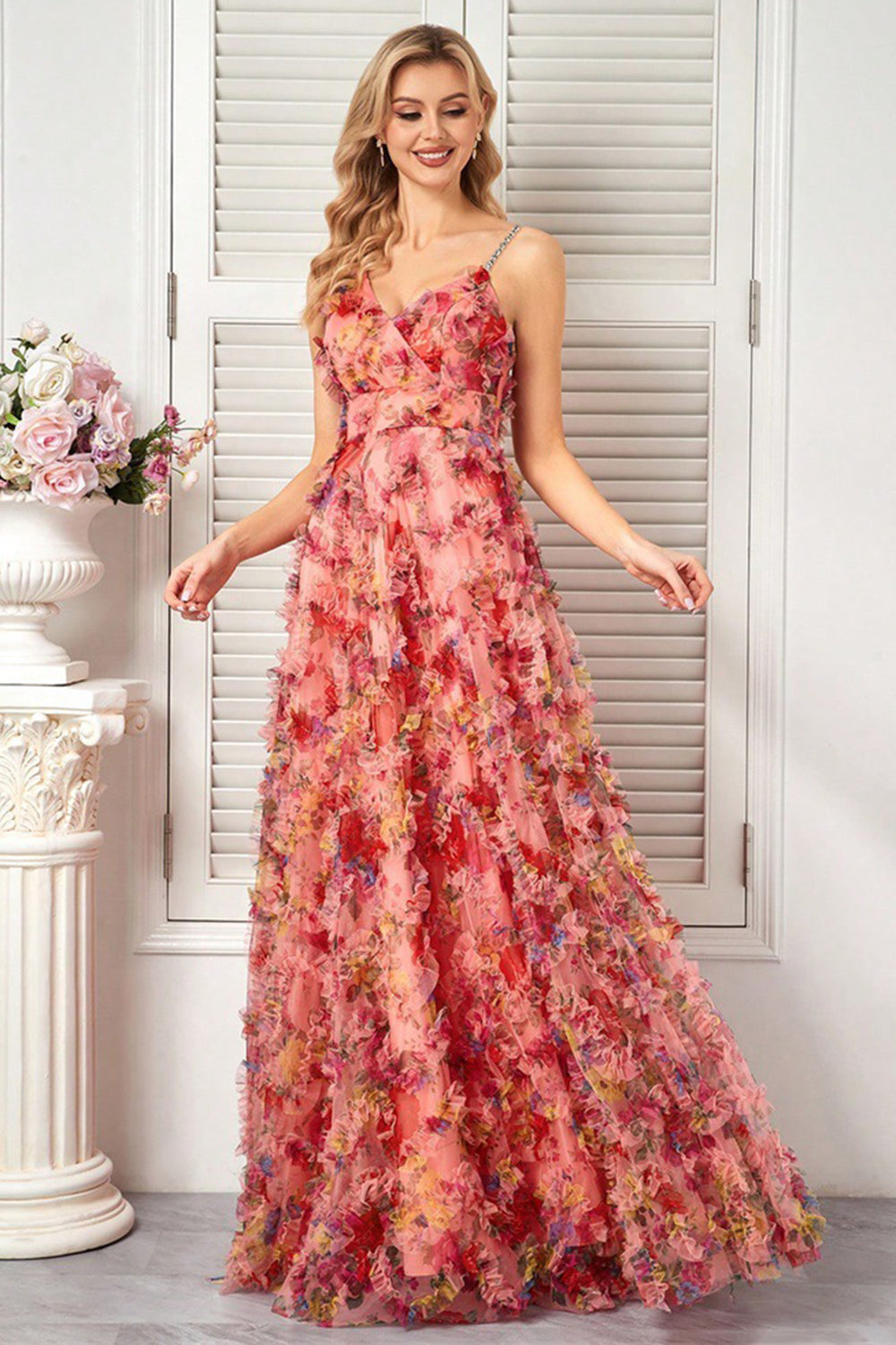 Blush A-Line Spaghetti Straps Long Floral Prom Dress with Ruffles