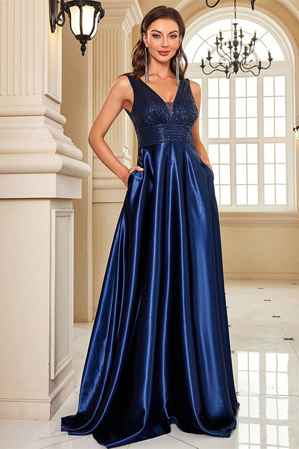 Sparkly Navy Satin A-Line V-Neck Long Formal Dress