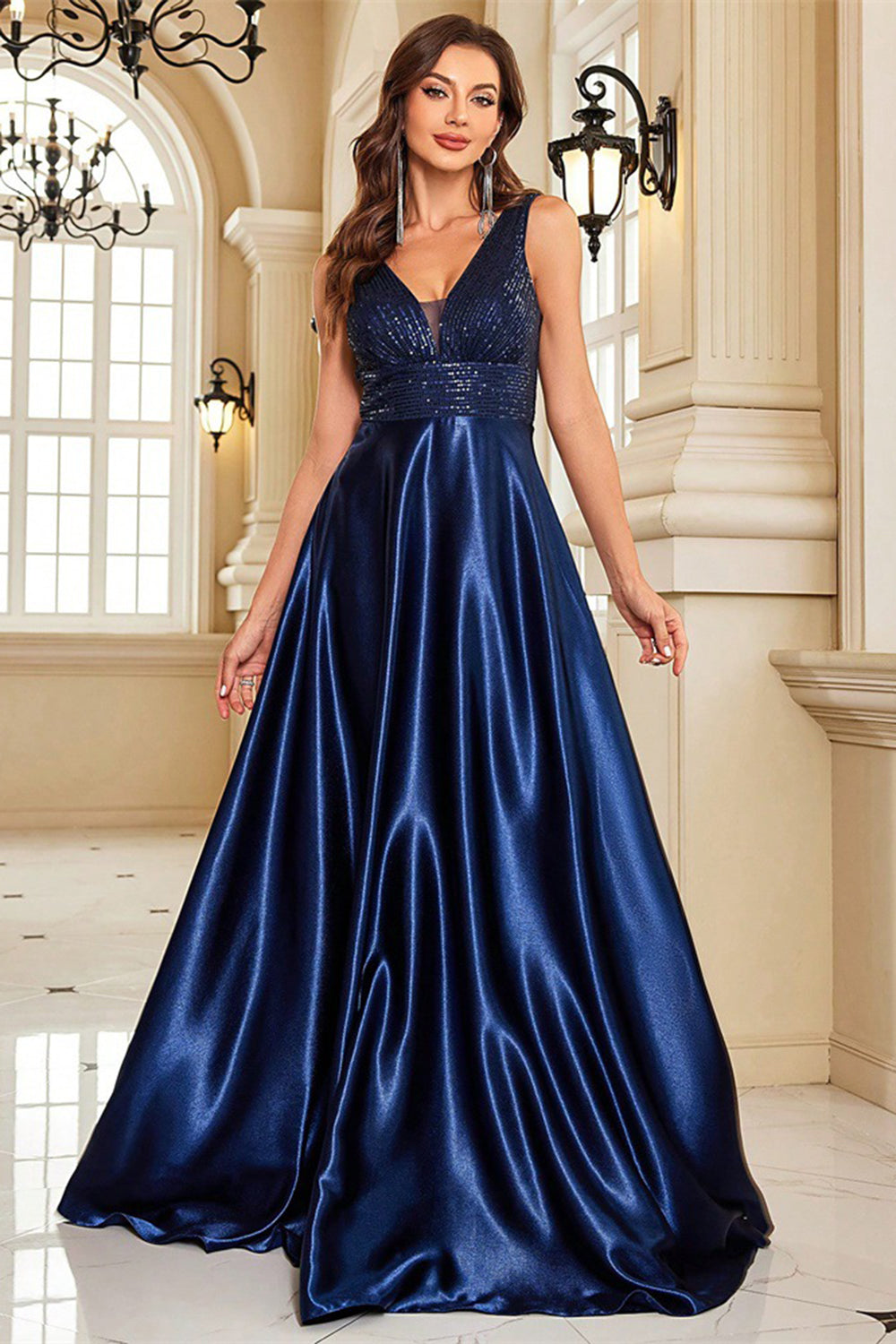 Sparkly Navy Satin A-Line V-Neck Long Formal Dress