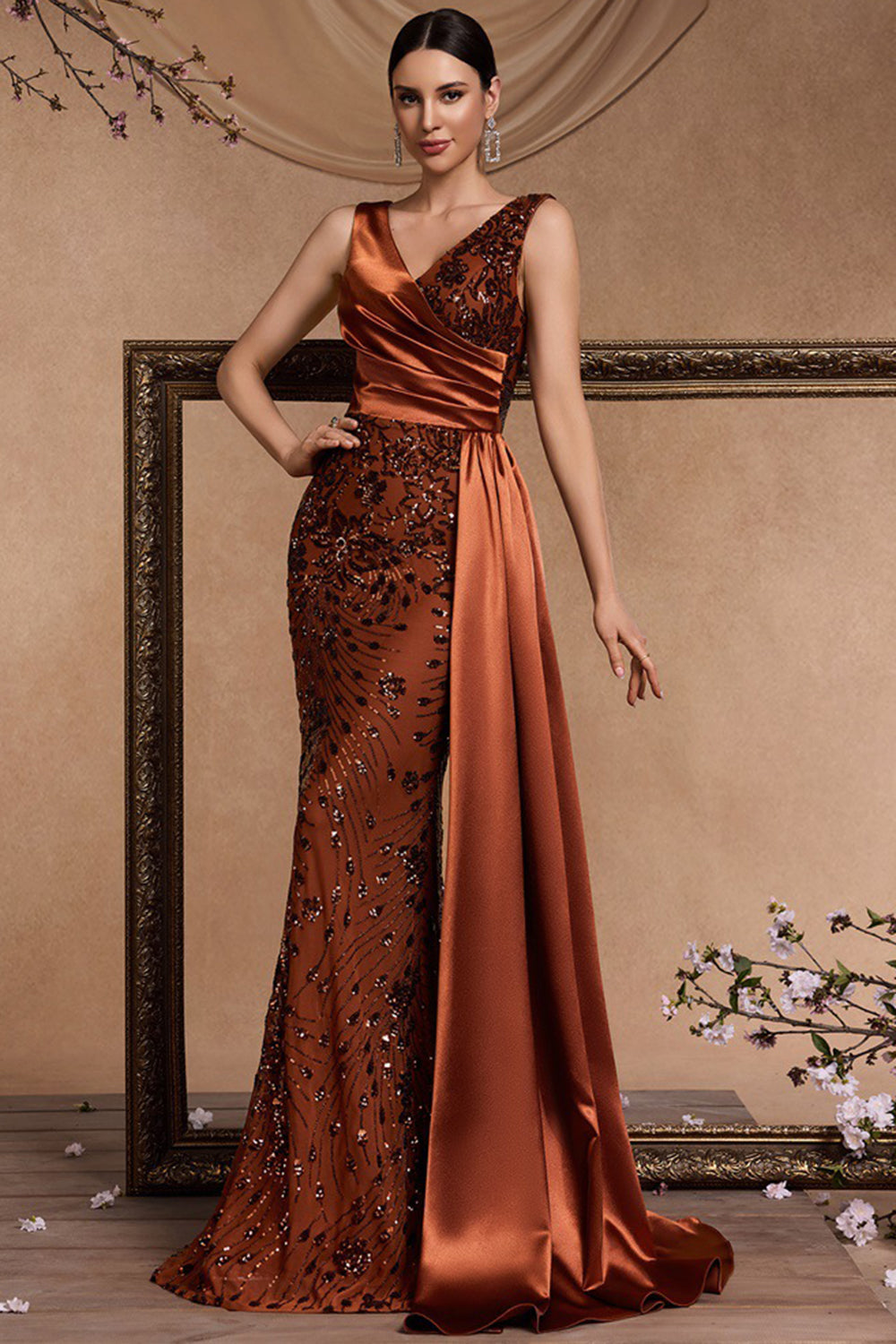 Sparkly Brown Mermaid V-Neck Long Formal Dress with Side Cape