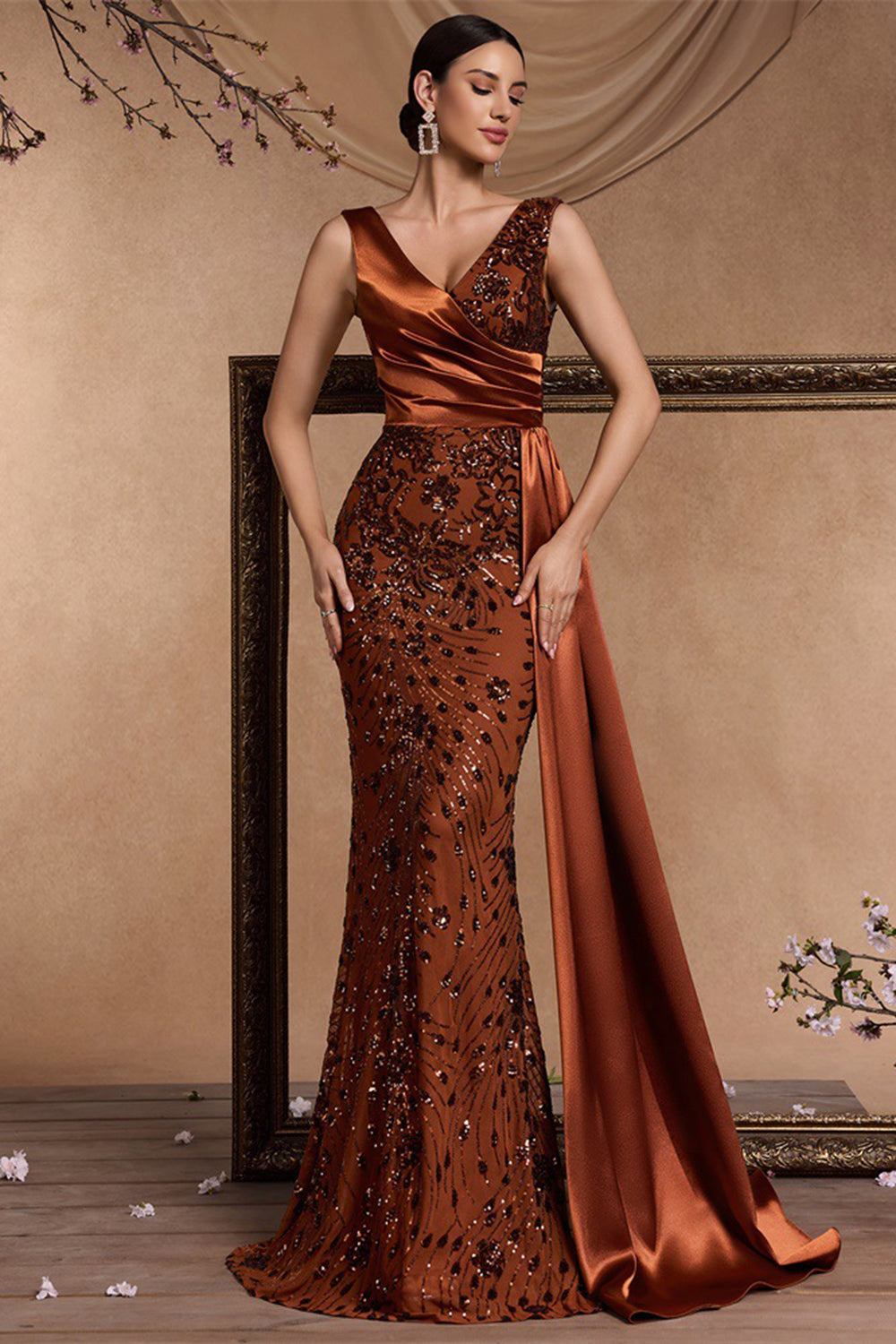 Sparkly Brown Mermaid V-Neck Long Formal Dress with Side Cape