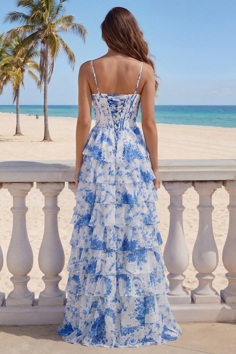 Floral Blue A-Line Corset Tiered Long Chiffon Prom Dress with Slit