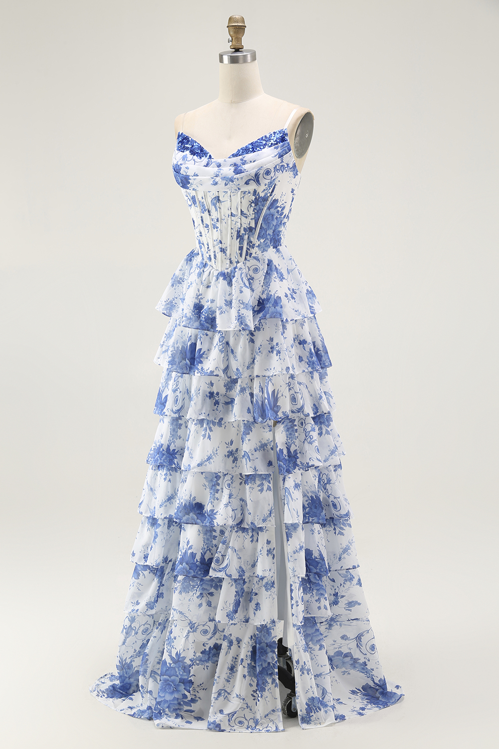 Floral Blue A-Line Corset Tiered Long Chiffon Prom Dress with Slit