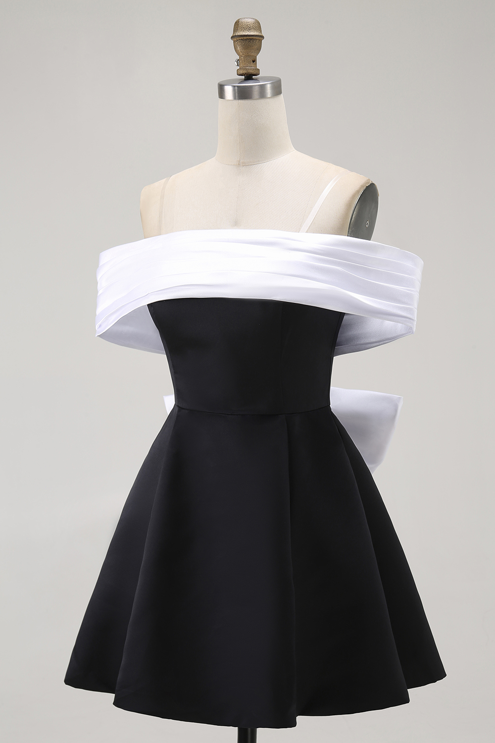 Black and White A-Line Off the Shoulder Short Homecoming Dress with Bow