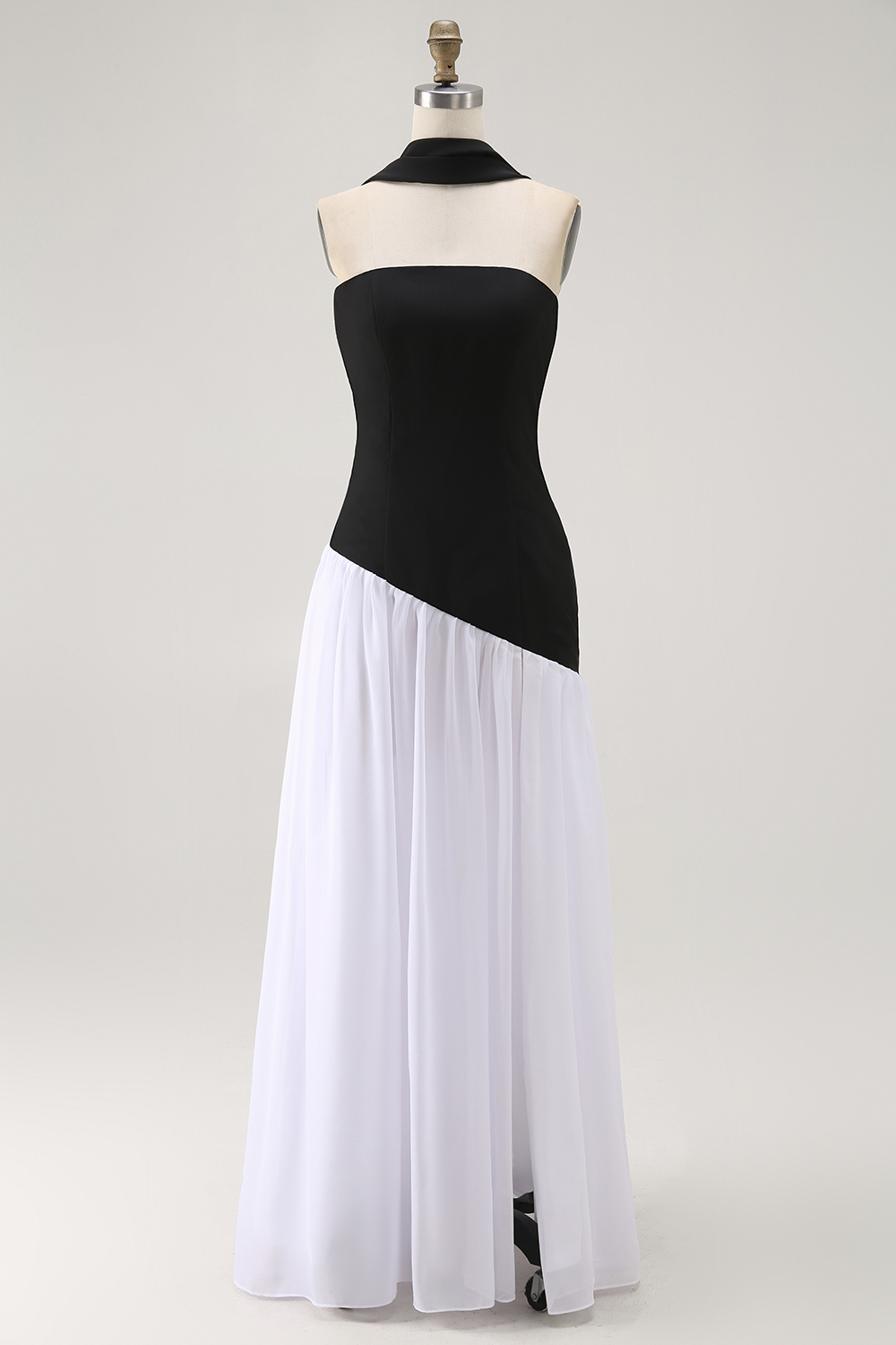 Elegant Black and White Neck Scarf Strapless Long Formal Dress with Slit