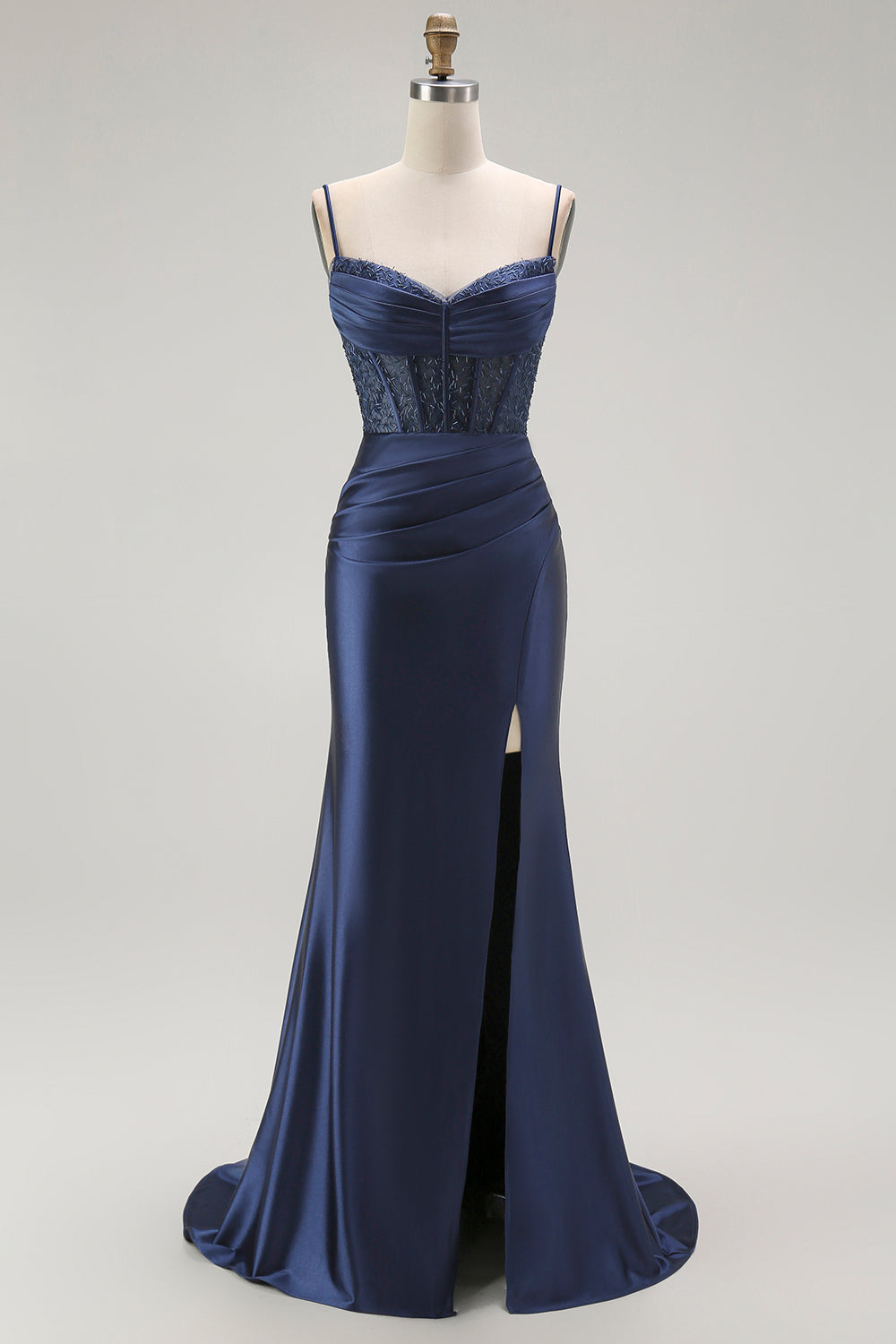 Sparkly Navy Mermaid Corset Long Satin Prom Dress with Beading