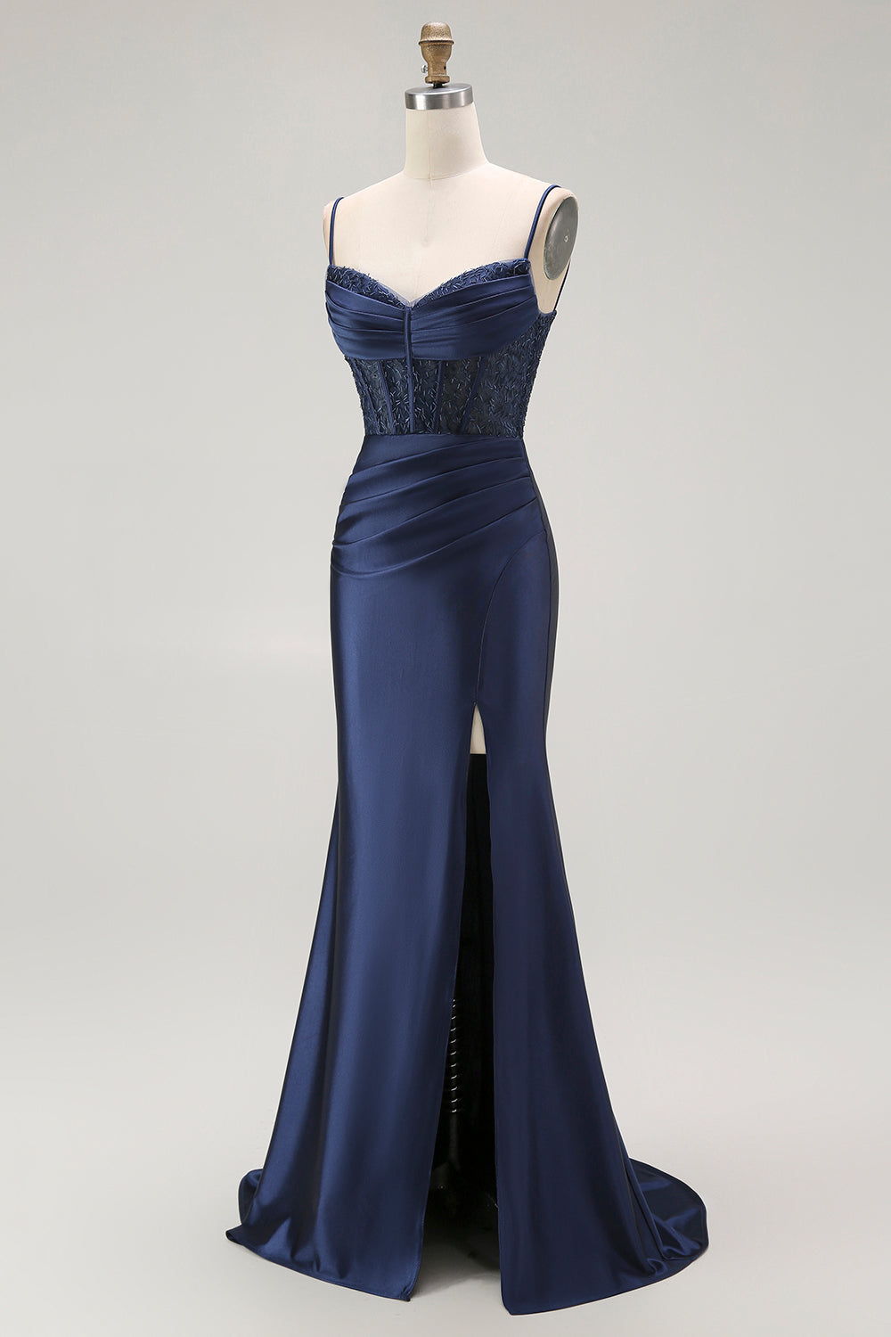 Sparkly Navy Mermaid Corset Long Satin Prom Dress with Beading