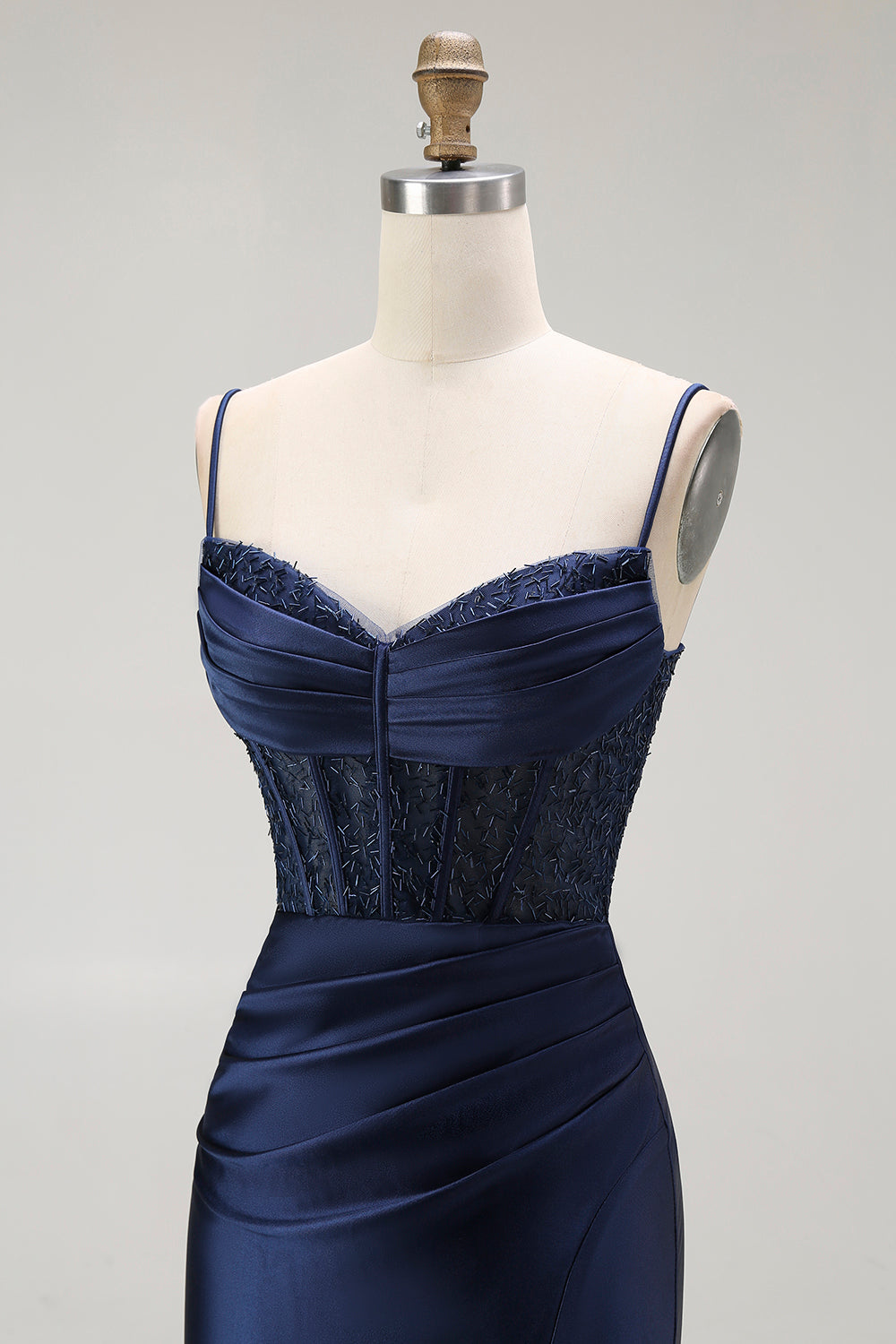 Sparkly Navy Mermaid Corset Long Satin Prom Dress with Beading