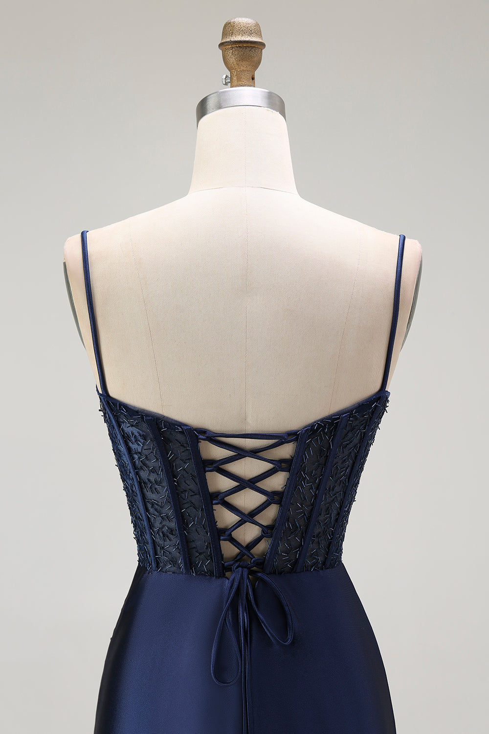 Sparkly Navy Mermaid Corset Long Satin Prom Dress with Beading