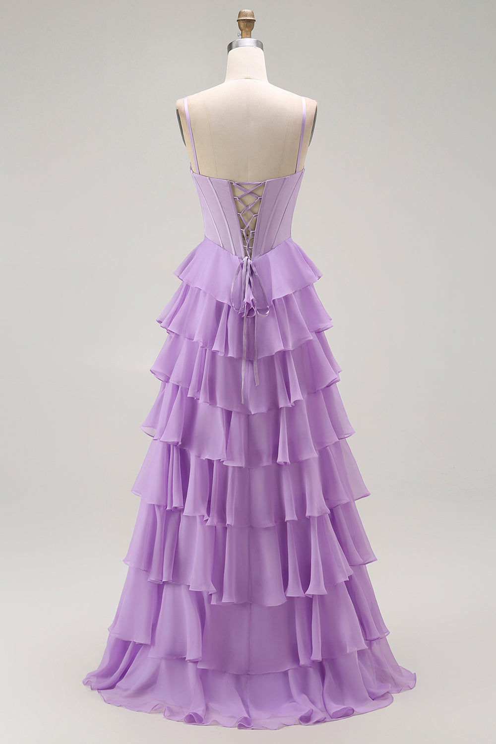 Purple A-Line Tiered Chiffon Long Corset Prom Dress with Bows