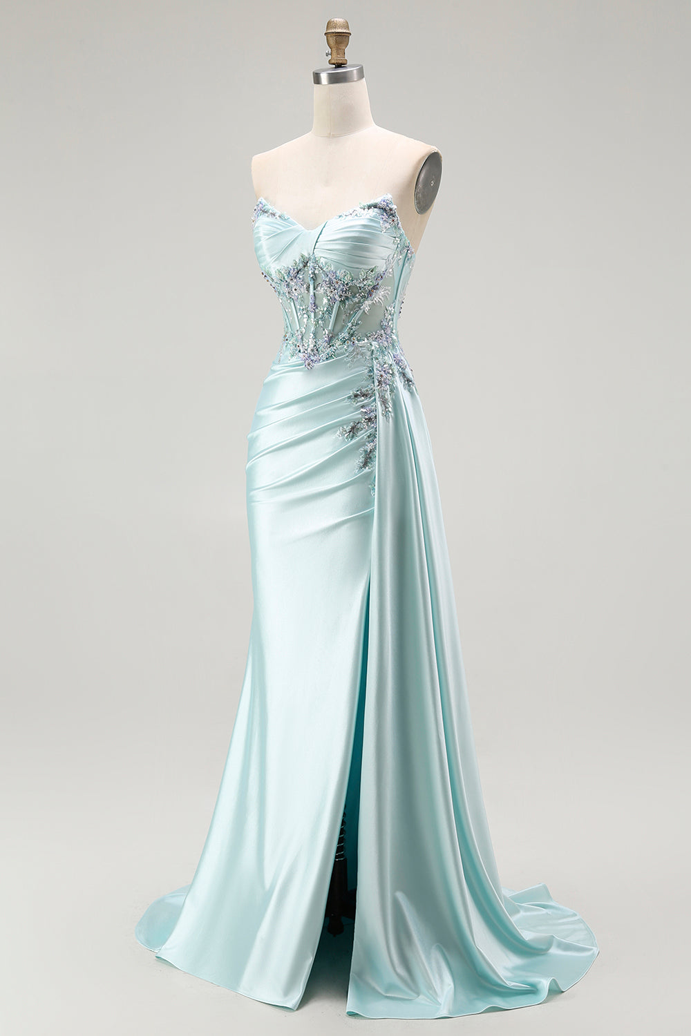Sparkly Light Green Mermaid Strapless Long Corset Prom Dress with Slit