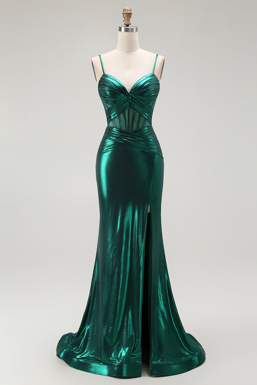 Metallic Dark Green Mermaid Ruched Long Corset Prom Dress with Slit