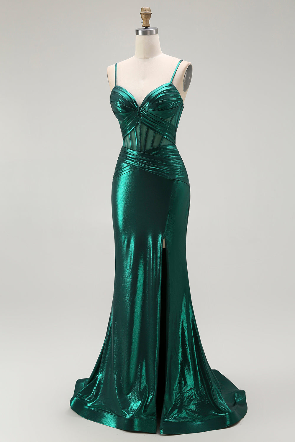 Metallic Dark Green Mermaid Ruched Long Corset Prom Dress with Slit