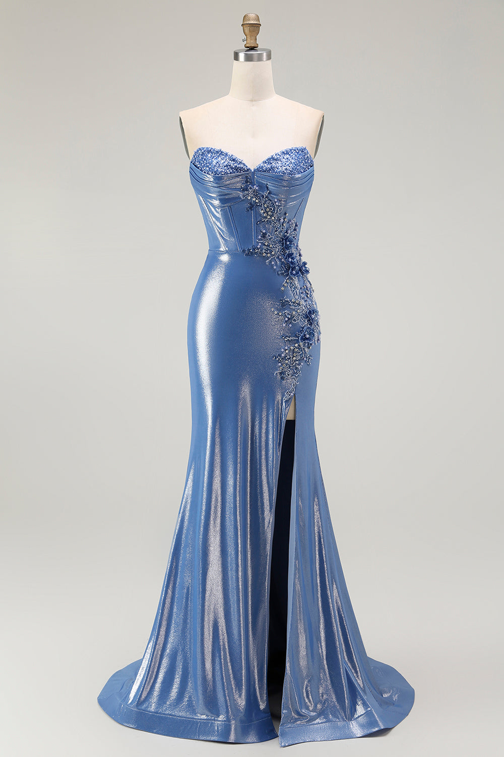Metallic Blue Corset Sweetheart Beaded Long Floral Prom Dress with Slit