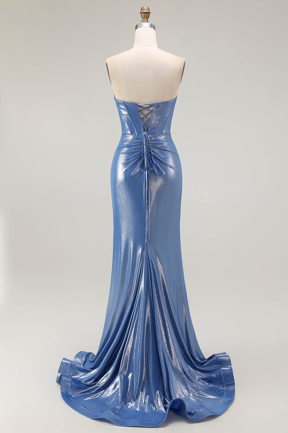 Metallic Blue Corset Sweetheart Beaded Long Floral Prom Dress with Slit
