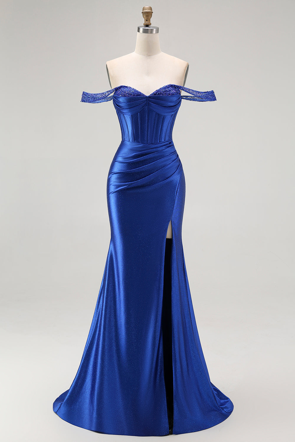 Sparkly Royal Blue Off the Shoulder Long Corset Prom Dress with Slit