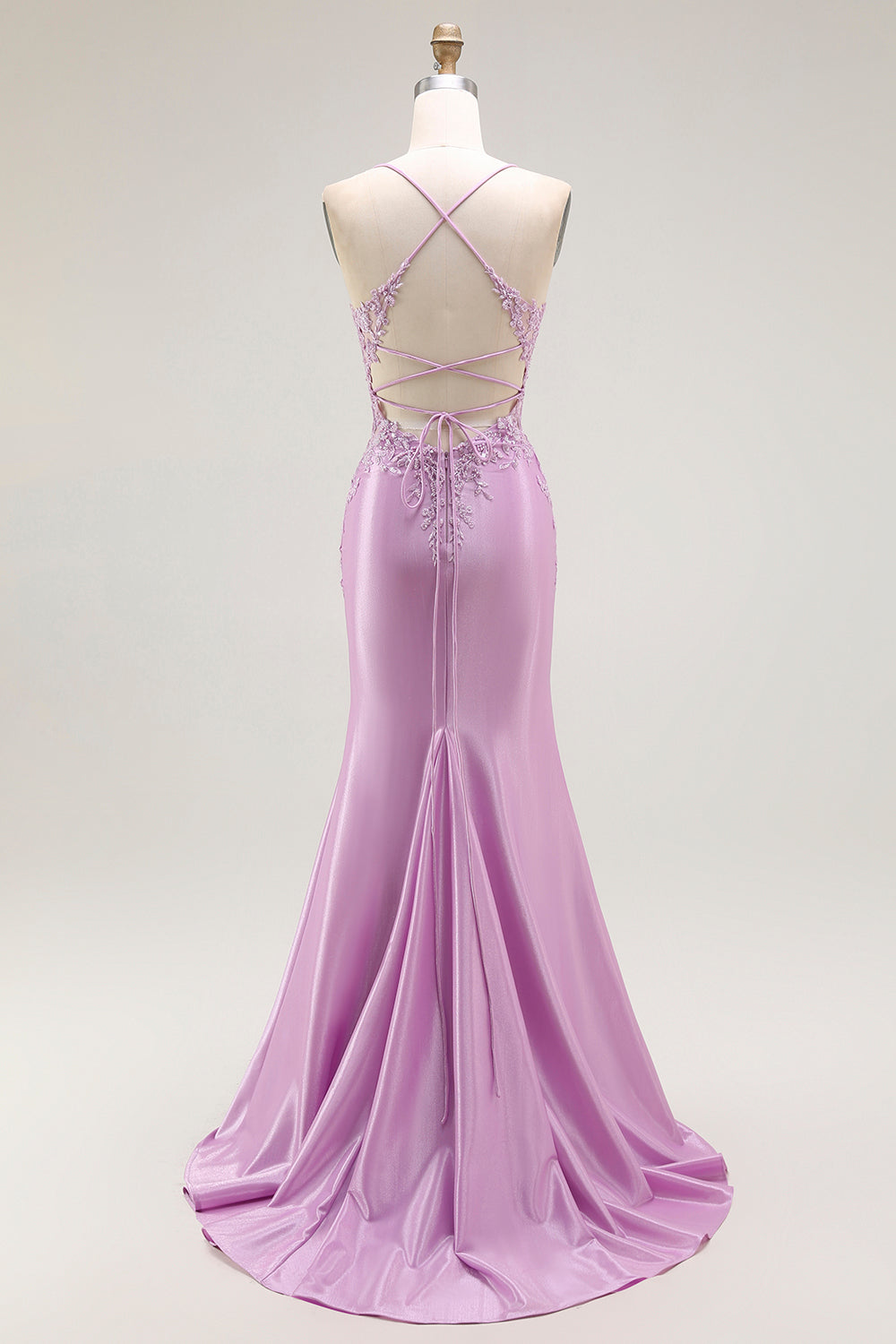 Purple Mermaid Satin Appliqued Long Corset Prom Dress with Slit