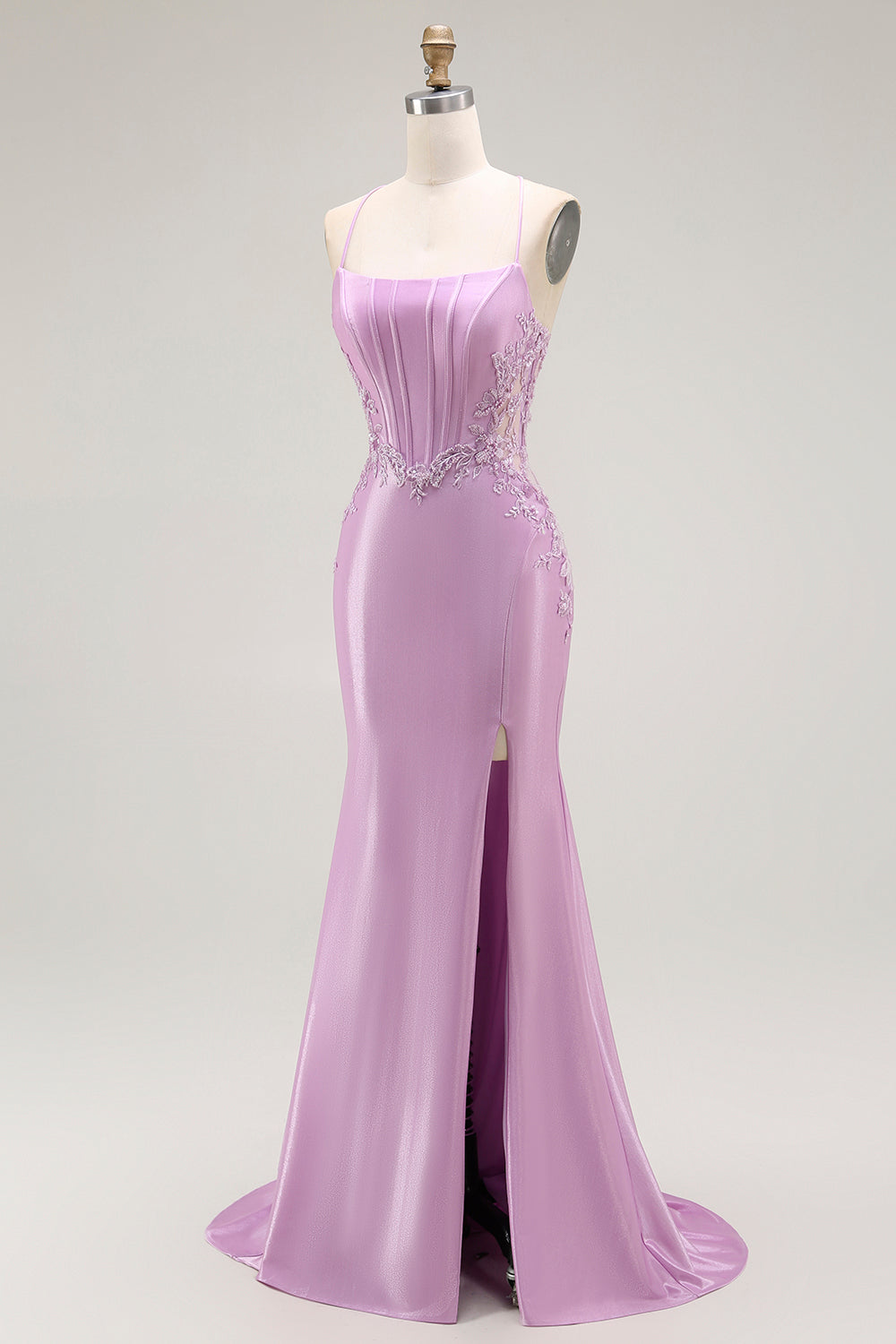 Purple Mermaid Satin Appliqued Long Corset Prom Dress with Slit